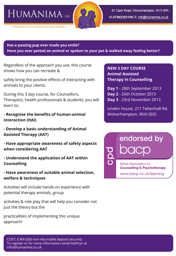 "HumAnima CIC's Animal Assisted Therapy in Counselling course"